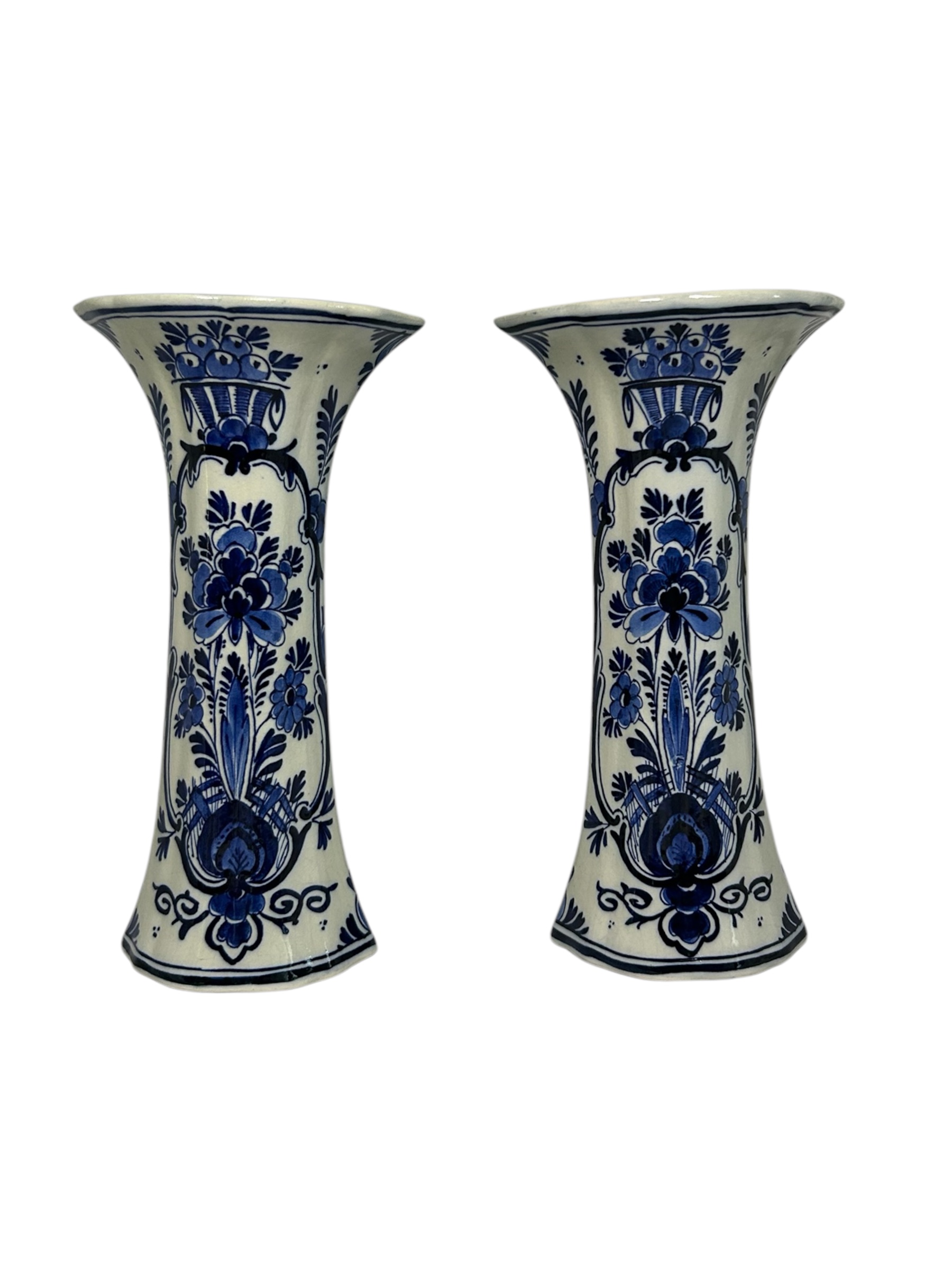 Pair of Porceleyne Fles Trumpet Vases with Floral Baskets